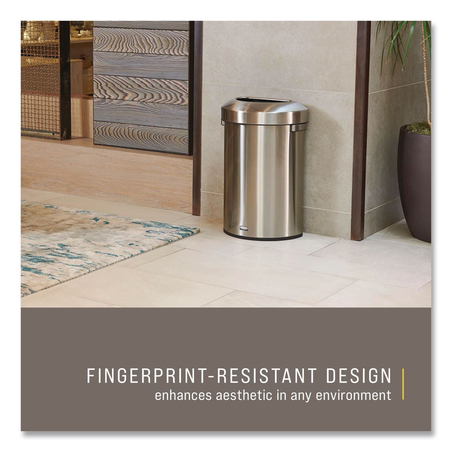 Rubbermaid Commercial Refine Half-Round Waste Container - 16 gal Capacity - Half-round - Ergonomic Handle, Non-skid, Fingerprint Resistant, Durable - 29.5" Height x 12.4" Width x 18.2" Depth - Metal - Stainless Steel - 1 Each
