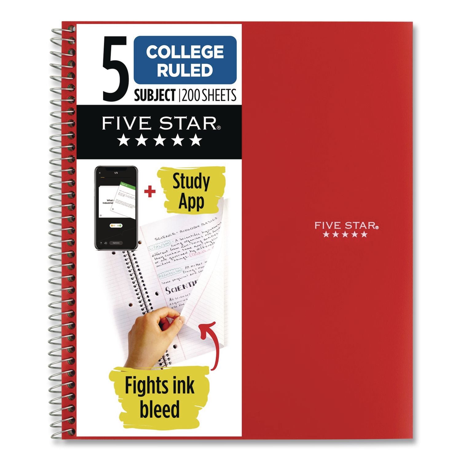 Five Star Wirebound Notebook - 5 Subject(s) - 200 Pages - Wire Bound - College Ruled - Letter - 8 1/2" x 11" - Red Cover - Double Sided Sheet, Durable, Water Resistant, Wear Resistant, Tear Proof, Spill Resistant, Pocket, Opaque - 1 Each