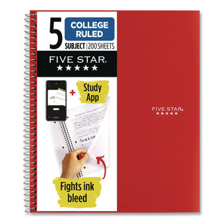 Five Star Wirebound Notebook - 5 Subject(s) - 200 Pages - Wire Bound - College Ruled - Letter - 8 1/2" x 11" - Red Cover - Double Sided Sheet, Durable, Water Resistant, Wear Resistant, Tear Proof, Spill Resistant, Pocket, Opaque - 1 Each