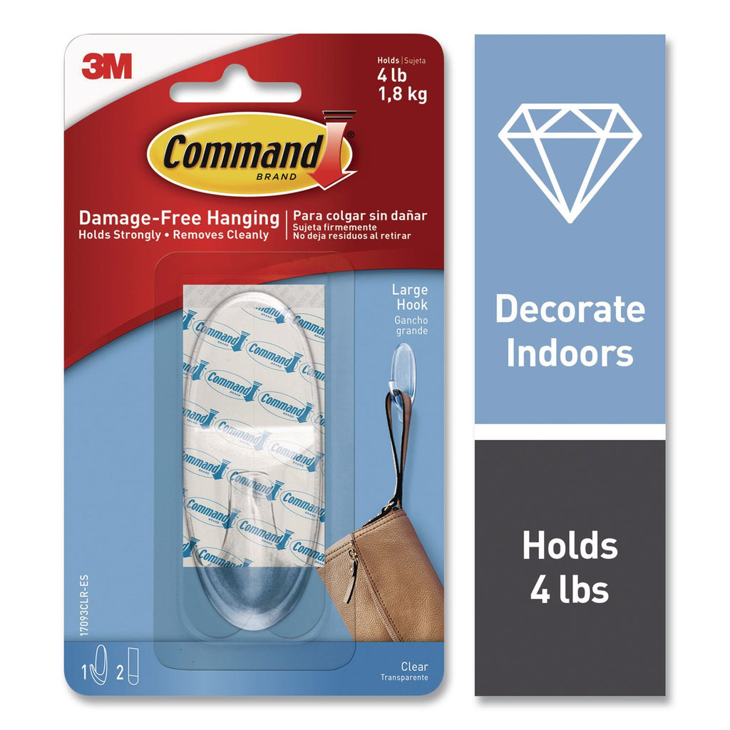 Command Large Hook with Clear Strips - 4 lb (1.81 kg) Capacity - 3.4" Length - for Decoration - Plastic - Clear - 1 / Pack