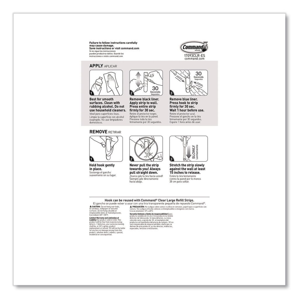 Command Large Hook with Clear Strips - 4 lb (1.81 kg) Capacity - 3.4" Length - for Decoration - Plastic - Clear - 1 / Pack