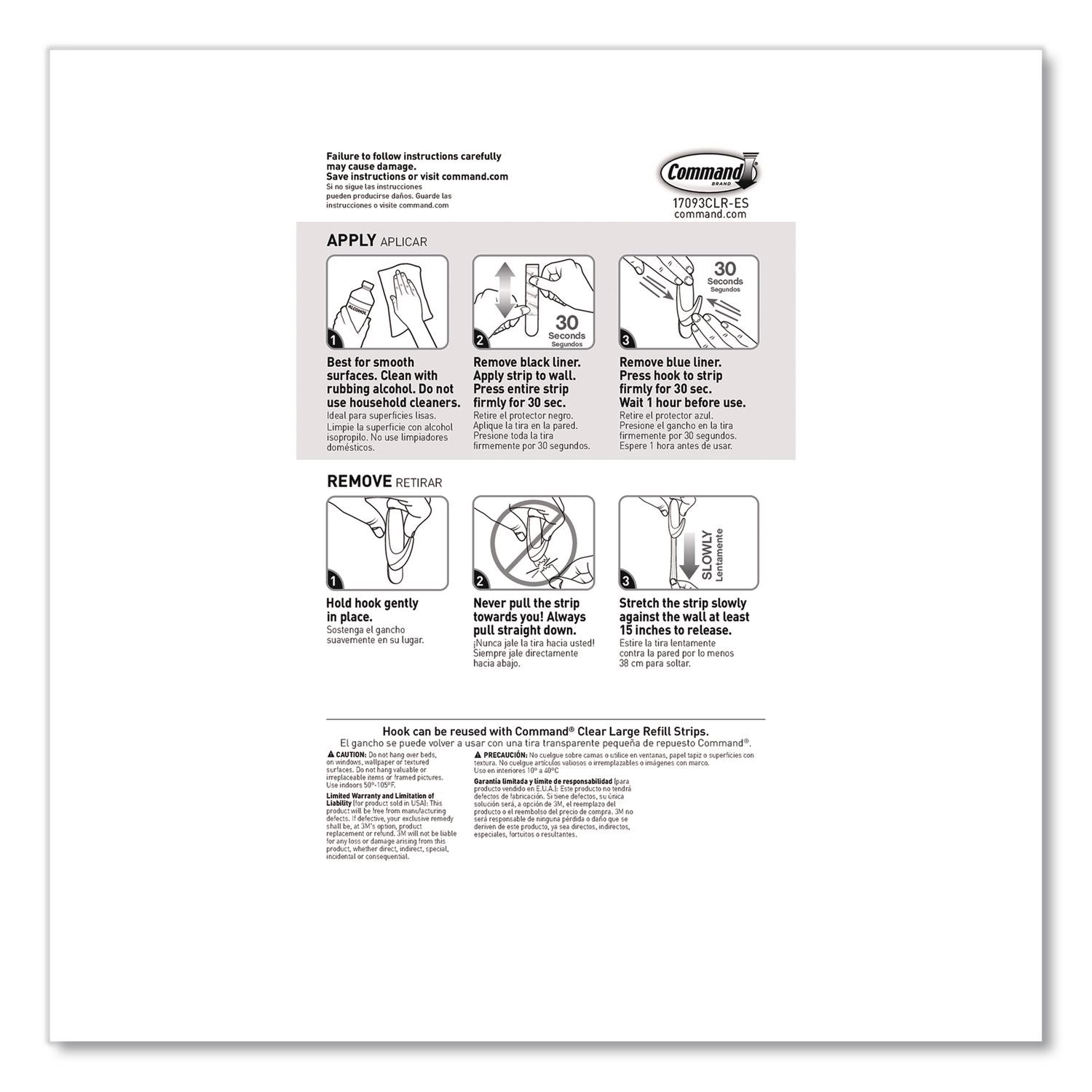 Command Large Hook with Clear Strips - 4 lb (1.81 kg) Capacity - 3.4" Length - for Decoration - Plastic - Clear - 1 / Pack