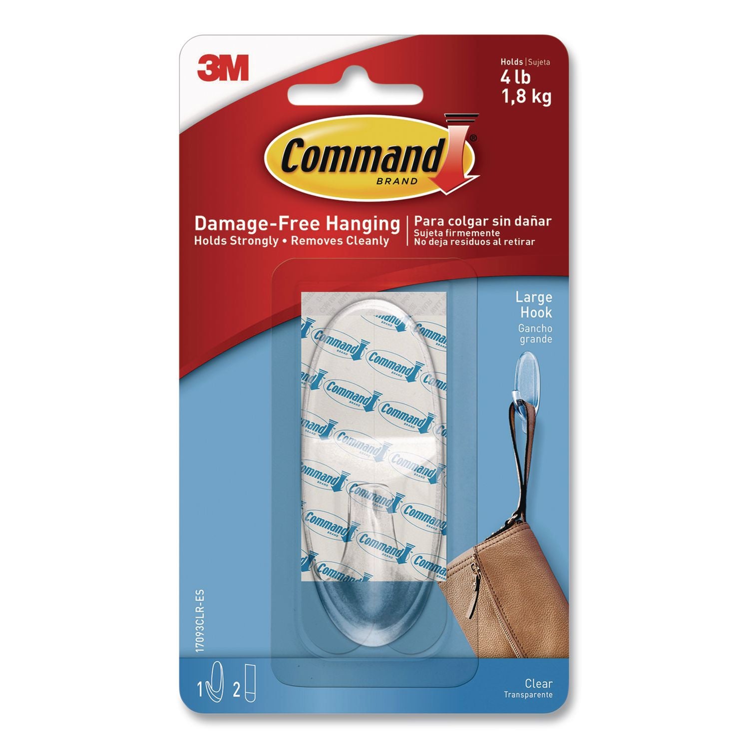 Command Large Hook with Clear Strips - 4 lb (1.81 kg) Capacity - 3.4" Length - for Decoration - Plastic - Clear - 1 / Pack