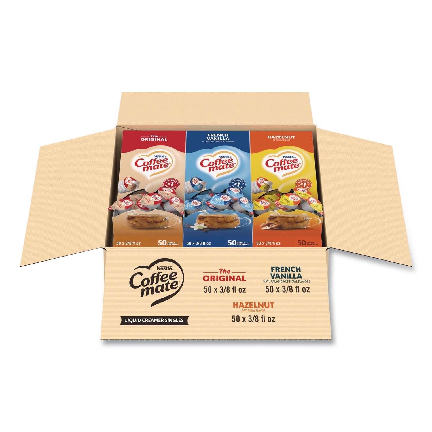 Liquid Coffee Creamer, French Vanilla/Hazelnut/Original, 0.38 oz Mini Cups, 150 Cups/Carton