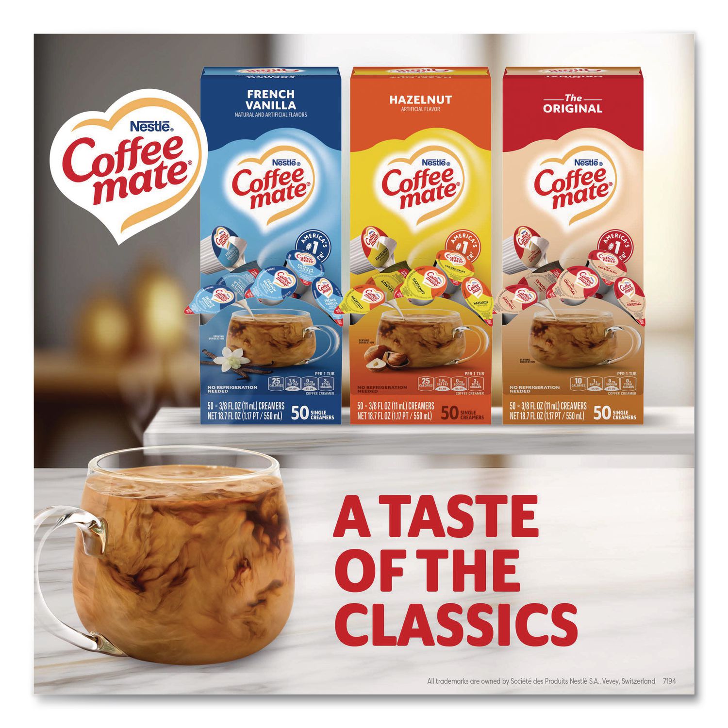 Liquid Coffee Creamer, French Vanilla/Hazelnut/Original, 0.38 oz Mini Cups, 150 Cups/Carton