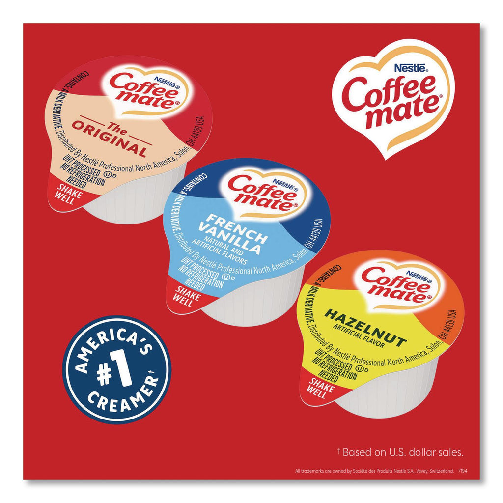 Liquid Coffee Creamer, French Vanilla/Hazelnut/Original, 0.38 oz Mini Cups, 150 Cups/Carton