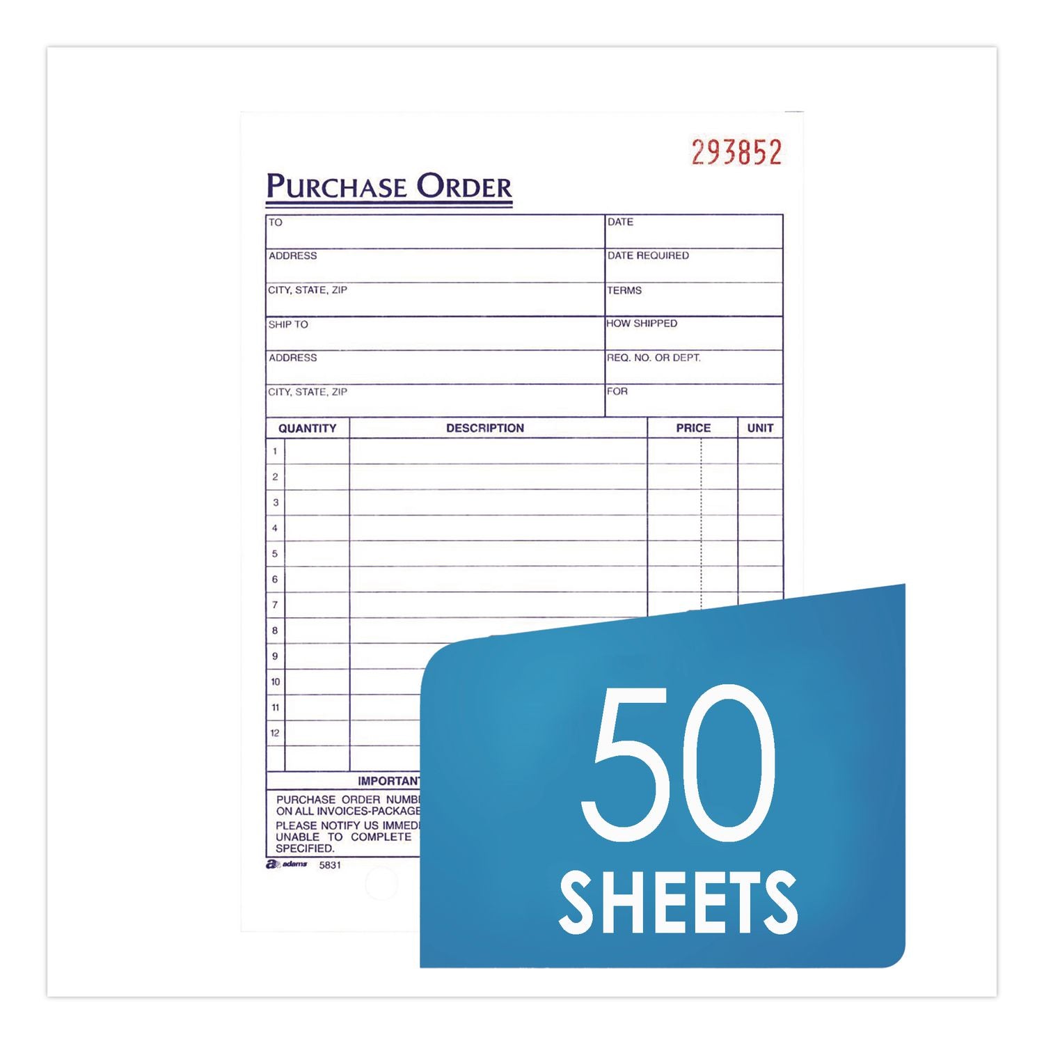 Adams 3-Part Carbonless Purchase Order Forms - 3 PartCarbonless Copy - 5.56" x 8.43" Sheet Size - 1 Each