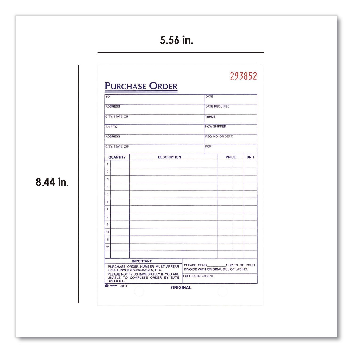 Adams 3-Part Carbonless Purchase Order Forms - 3 PartCarbonless Copy - 5.56" x 8.43" Sheet Size - 1 Each