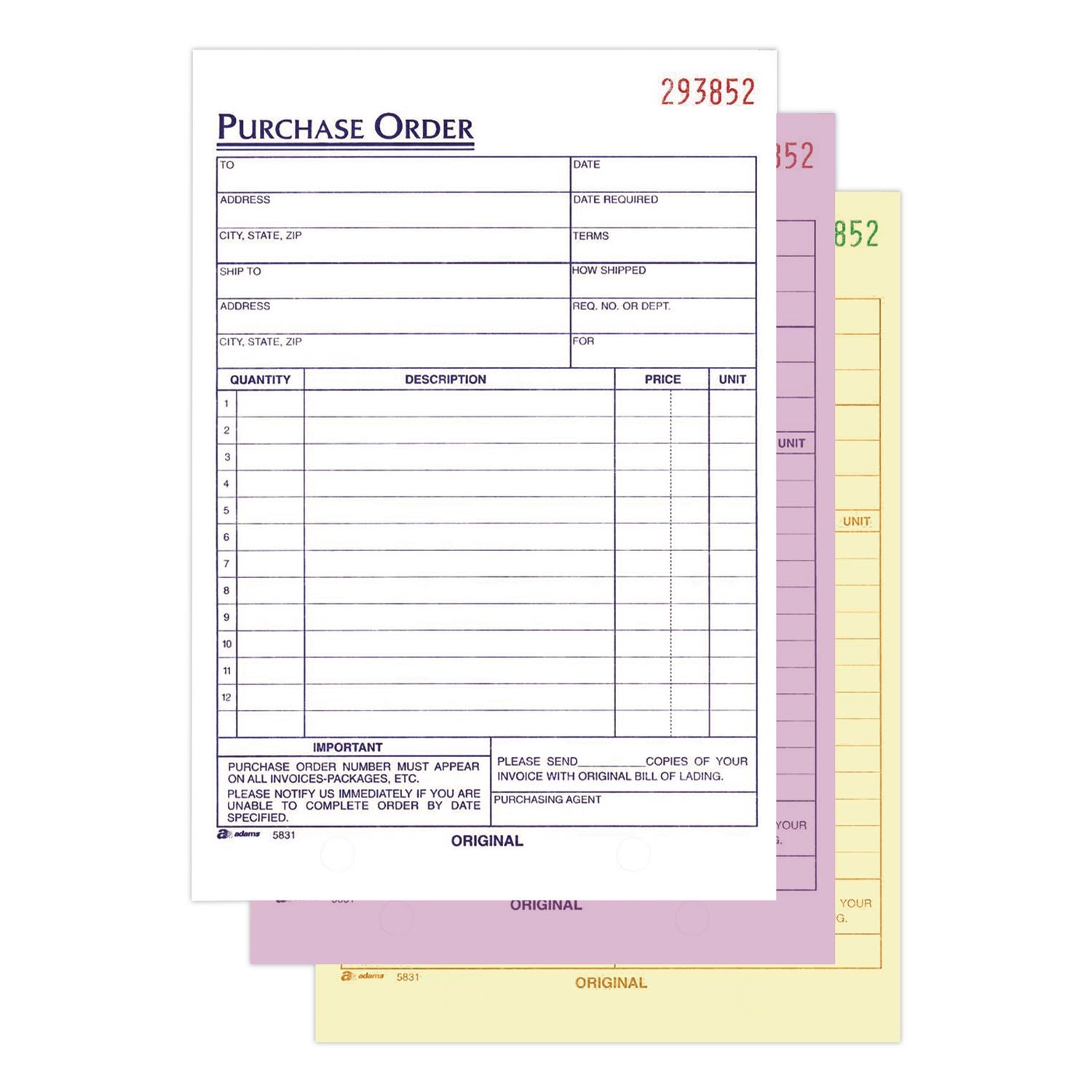 Adams 3-Part Carbonless Purchase Order Forms - 3 PartCarbonless Copy - 5.56" x 8.43" Sheet Size - 1 Each