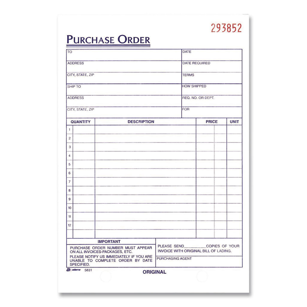 Adams 3-Part Carbonless Purchase Order Forms - 3 PartCarbonless Copy - 5.56" x 8.43" Sheet Size - 1 Each