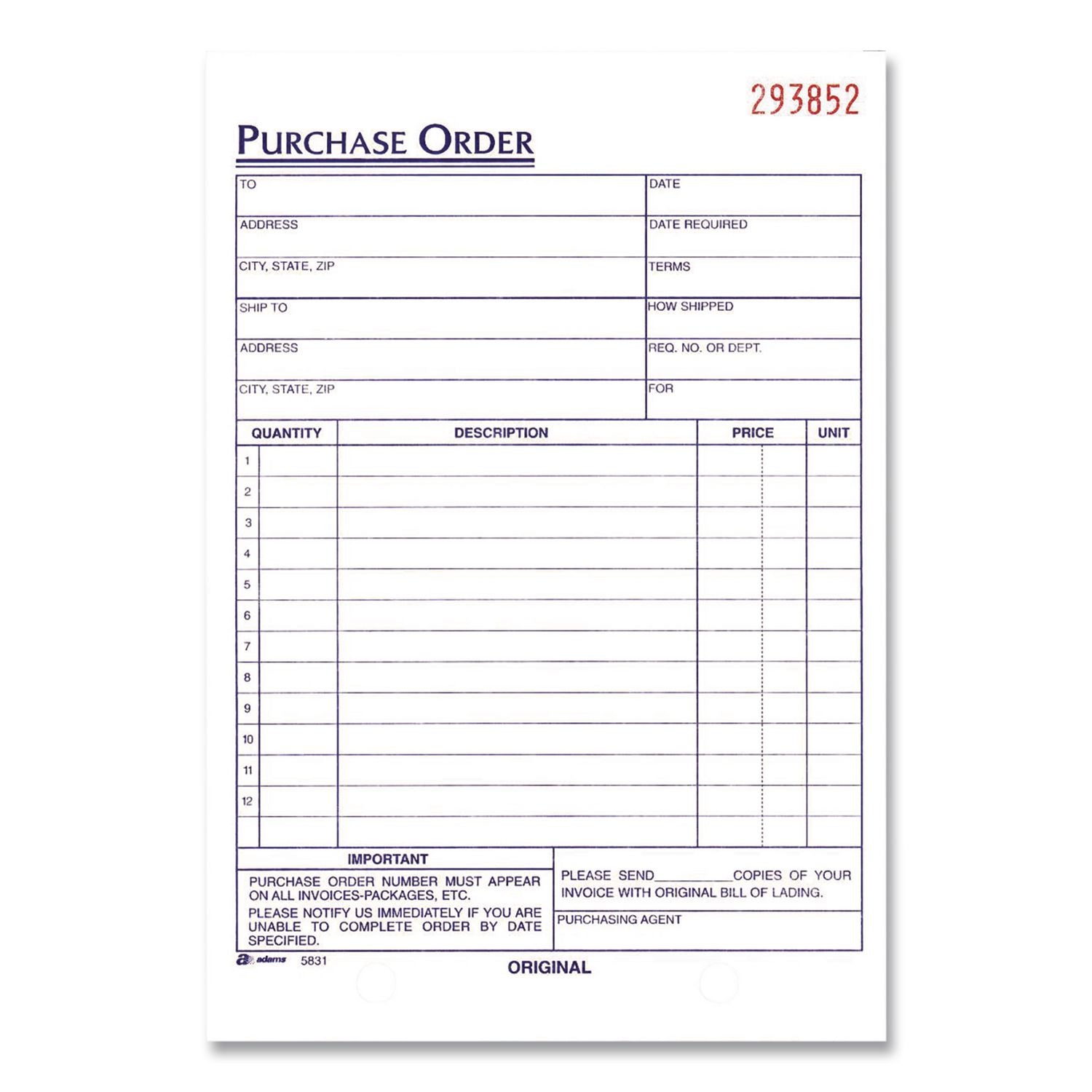 Adams 3-Part Carbonless Purchase Order Forms - 3 PartCarbonless Copy - 5.56" x 8.43" Sheet Size - 1 Each