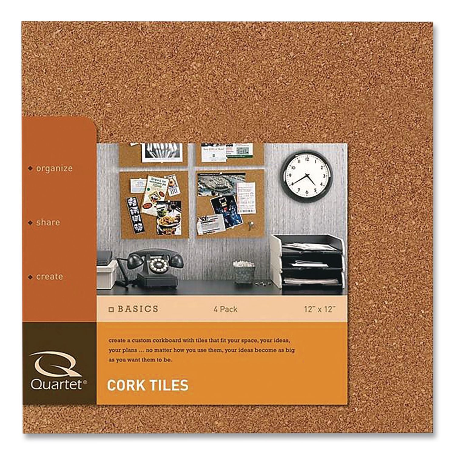 Quartet Frameless Modular Natural Cork Tiles - 12" Height x 12" Width - Brown Natural Cork Surface - Frameless, Durable, Self-healing - 4 / Pack