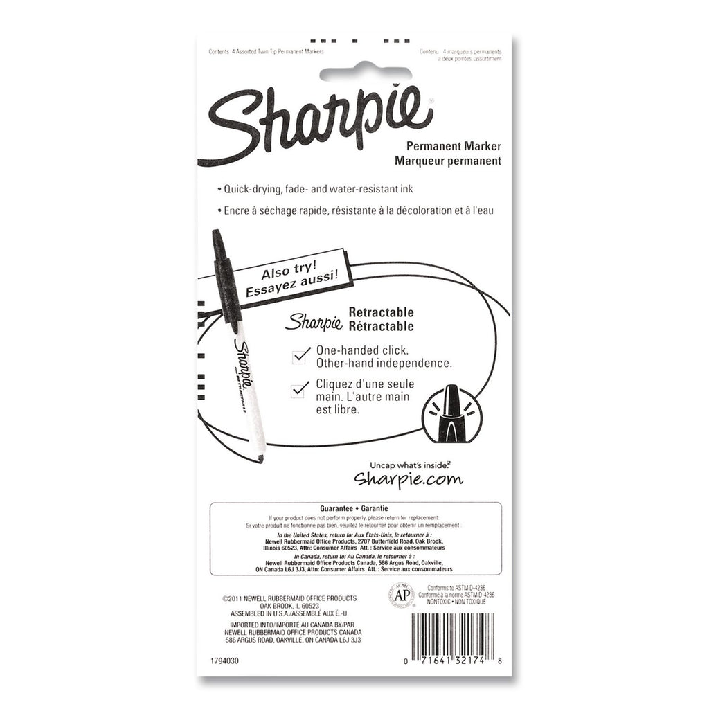 Sharpie Twin Tip Permant Maker - Ultra Fine, Fine Marker Point - 1 mm, 0.3 mm Marker Point Size - Black, Red, Blue, Green Alcohol Based Ink - 4 / Set