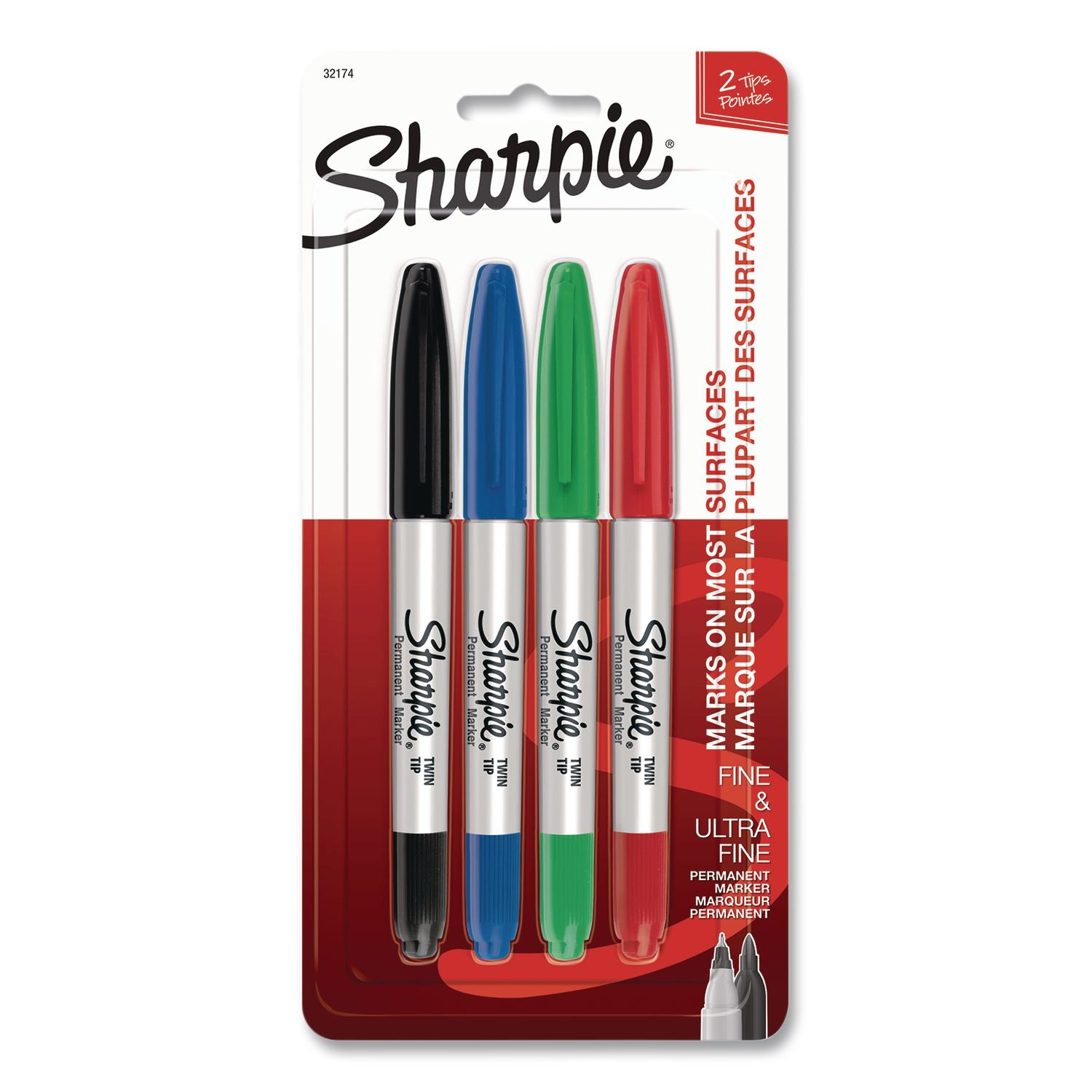 Sharpie Twin Tip Permant Maker - Ultra Fine, Fine Marker Point - 1 mm, 0.3 mm Marker Point Size - Black, Red, Blue, Green Alcohol Based Ink - 4 / Set