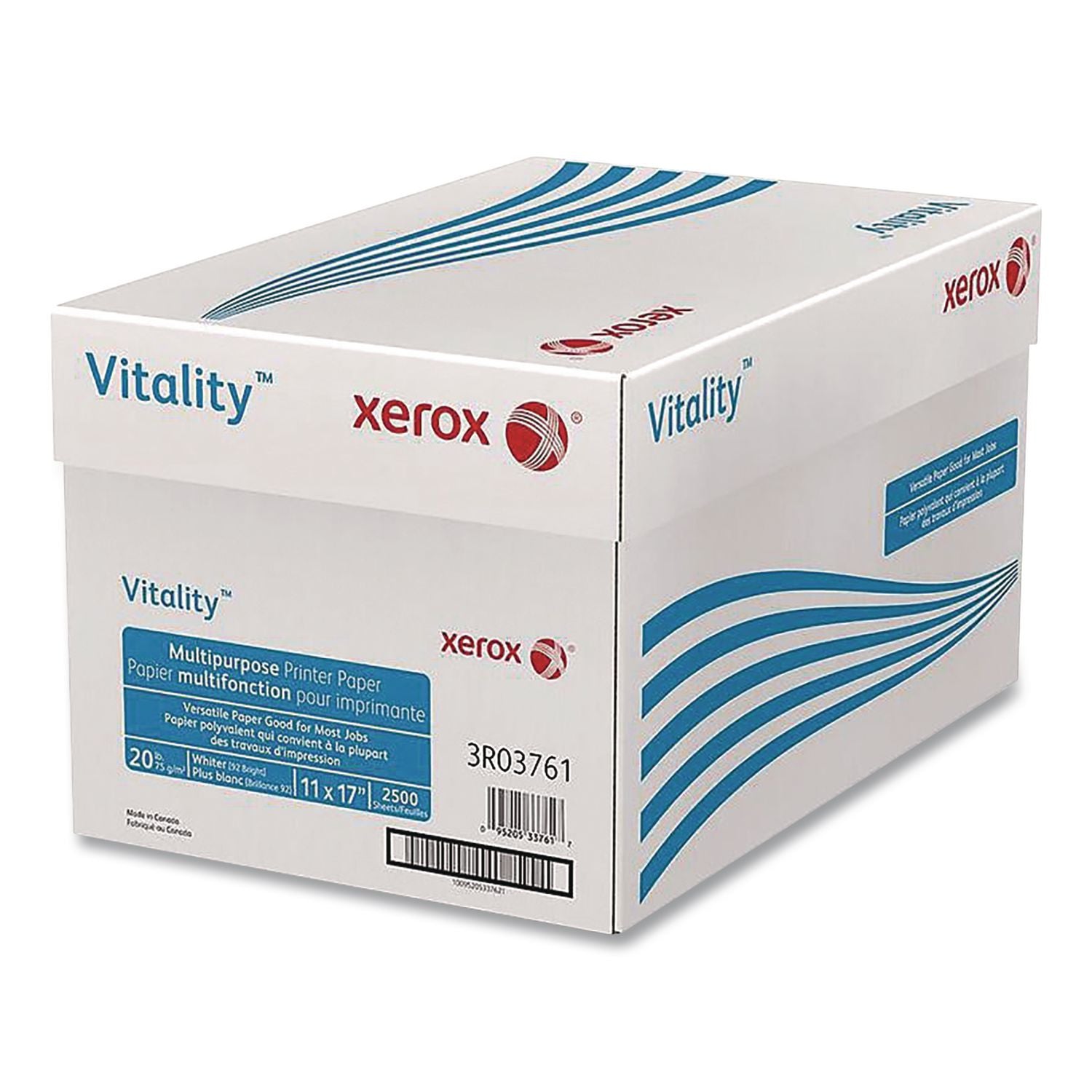 Xerox Vitality Multipurpose Printer Paper - 92 Brightness - 11" x 17" - 20 lb Basis Weight - 75 g/m2 Grammage - 5 / Carton - 500 Sheets per Ream - ColorLok Technology, Jam-free, Plain - White