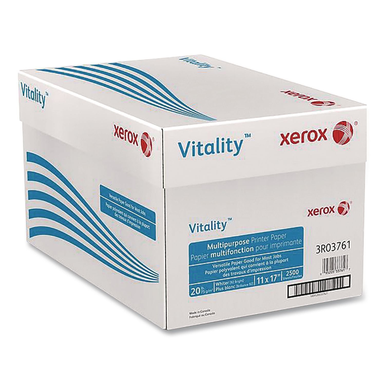 Xerox Vitality Multipurpose Printer Paper - 92 Brightness - 11" x 17" - 20 lb Basis Weight - 75 g/m2 Grammage - 5 / Carton - 500 Sheets per Ream - ColorLok Technology, Jam-free, Plain - White
