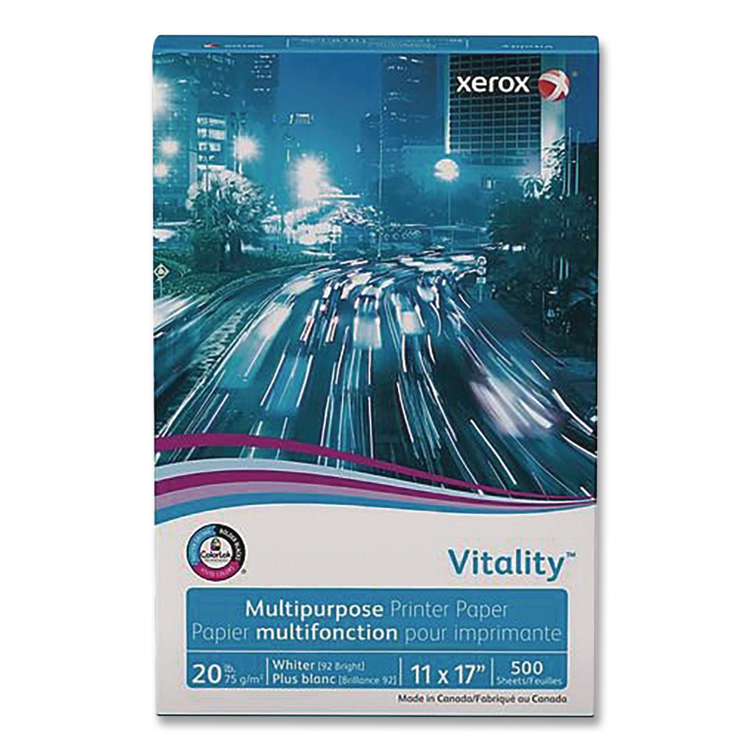 Xerox Vitality Multipurpose Printer Paper - 92 Brightness - 11" x 17" - 20 lb Basis Weight - 75 g/m2 Grammage - 5 / Carton - 500 Sheets per Ream - ColorLok Technology, Jam-free, Plain - White