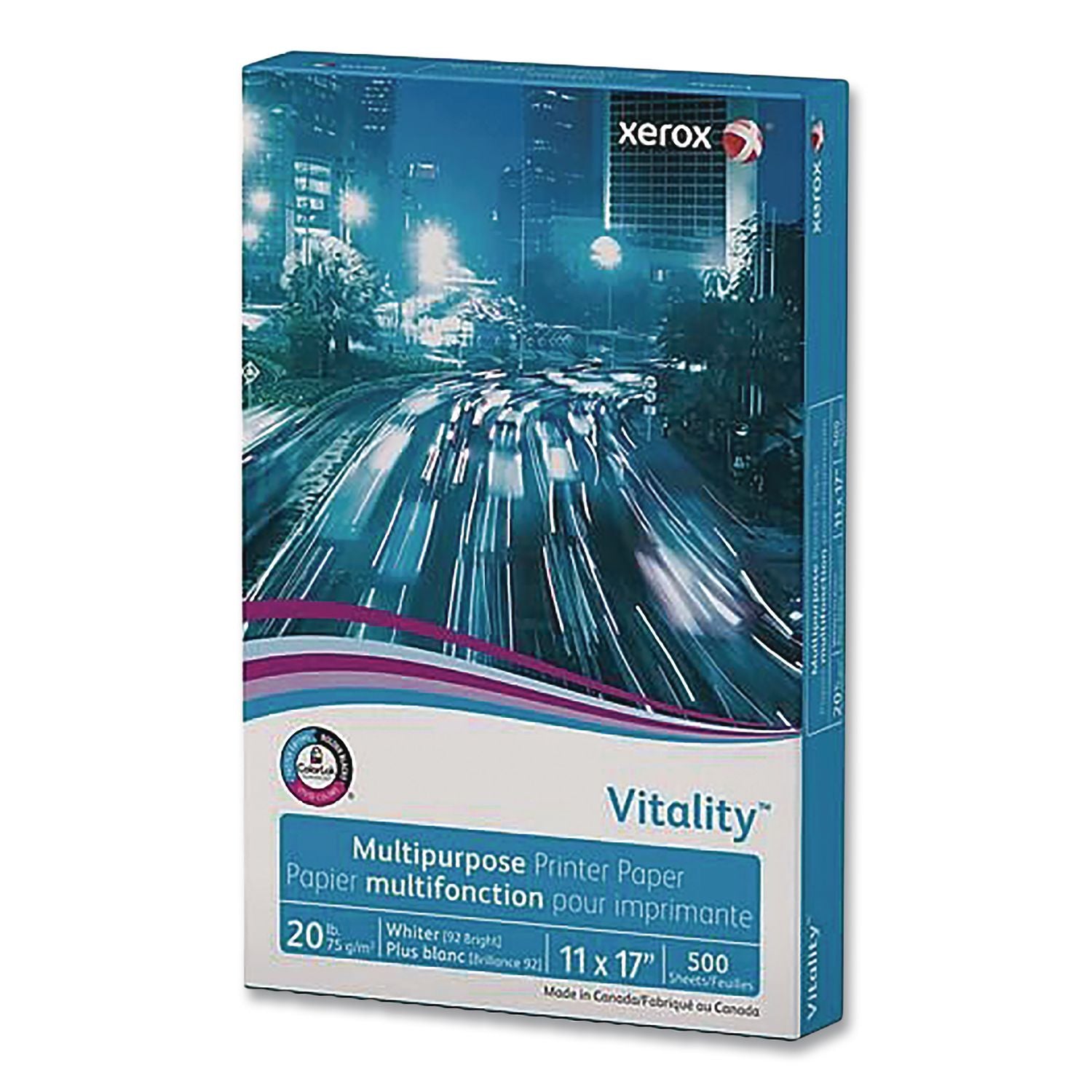 Xerox Vitality Multipurpose Printer Paper - 92 Brightness - 11" x 17" - 20 lb Basis Weight - 75 g/m2 Grammage - 5 / Carton - 500 Sheets per Ream - ColorLok Technology, Jam-free, Plain - White