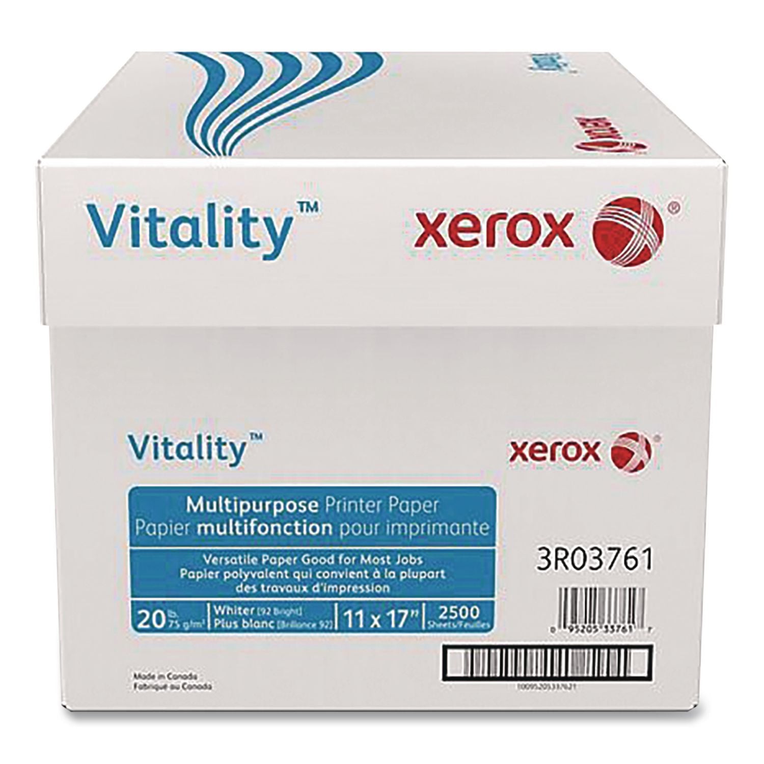 Xerox Vitality Multipurpose Printer Paper - 92 Brightness - 11" x 17" - 20 lb Basis Weight - 75 g/m2 Grammage - 5 / Carton - 500 Sheets per Ream - ColorLok Technology, Jam-free, Plain - White