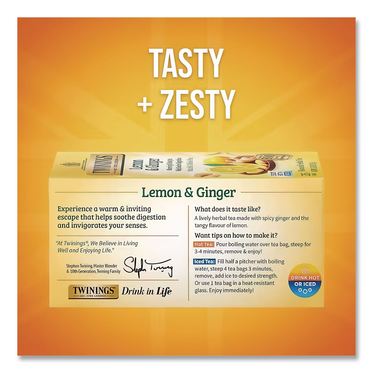 Tea Bags, Lemon and Ginger, 1.32 oz Tea Bag, 25 Tea Bags/Box