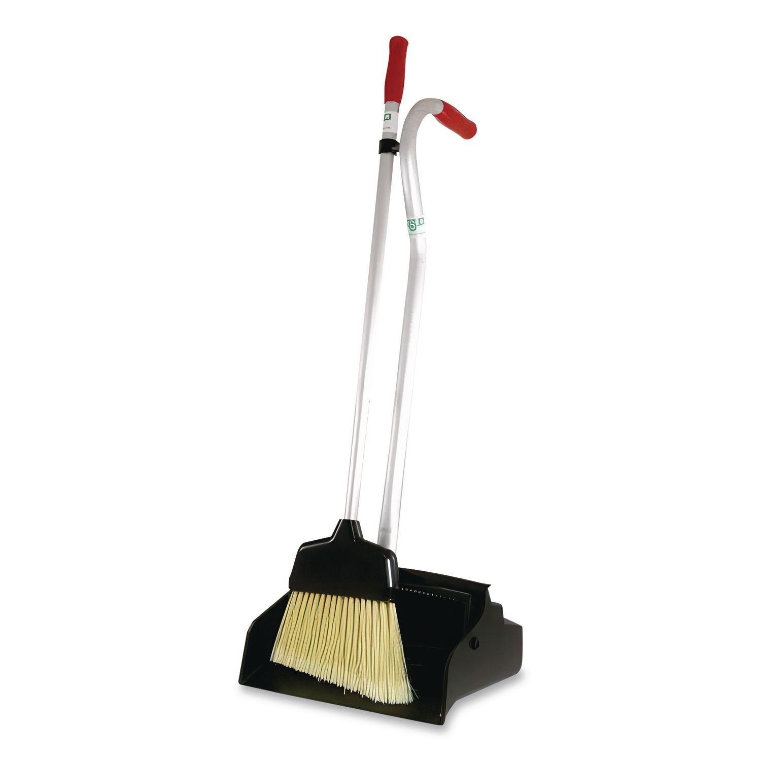 Telescopic Ergo Dust Pan with Broom, 12" Wide, 34" to 44" Pan, 47" to 57" Broom, Metal/Vinyl/Cotton, Black/Silver/Red