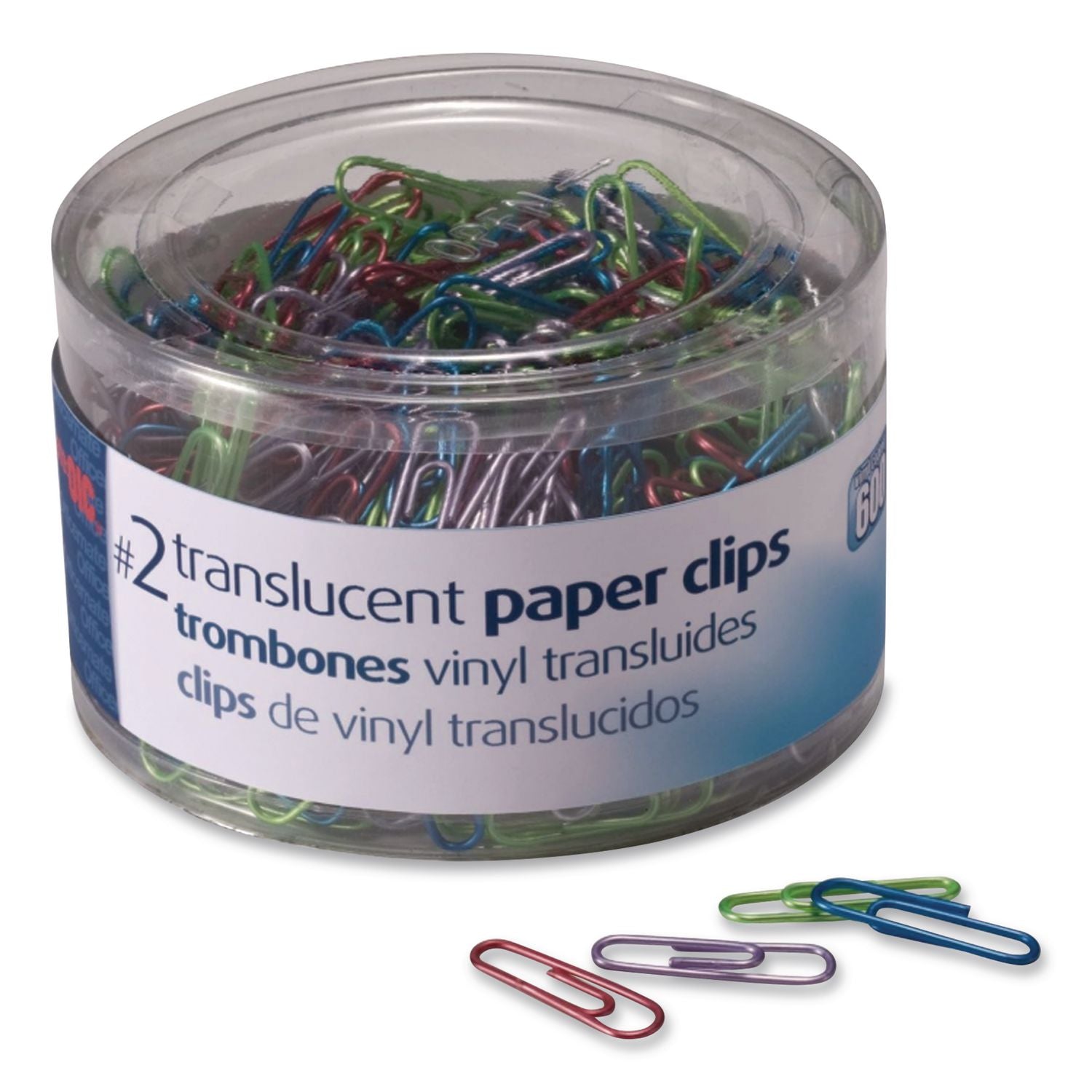 Officemate Translucent Vinyl Paper Clips - No. 2 - 600 / Box - Blue, Purple, Green, Red, Silver - Vinyl