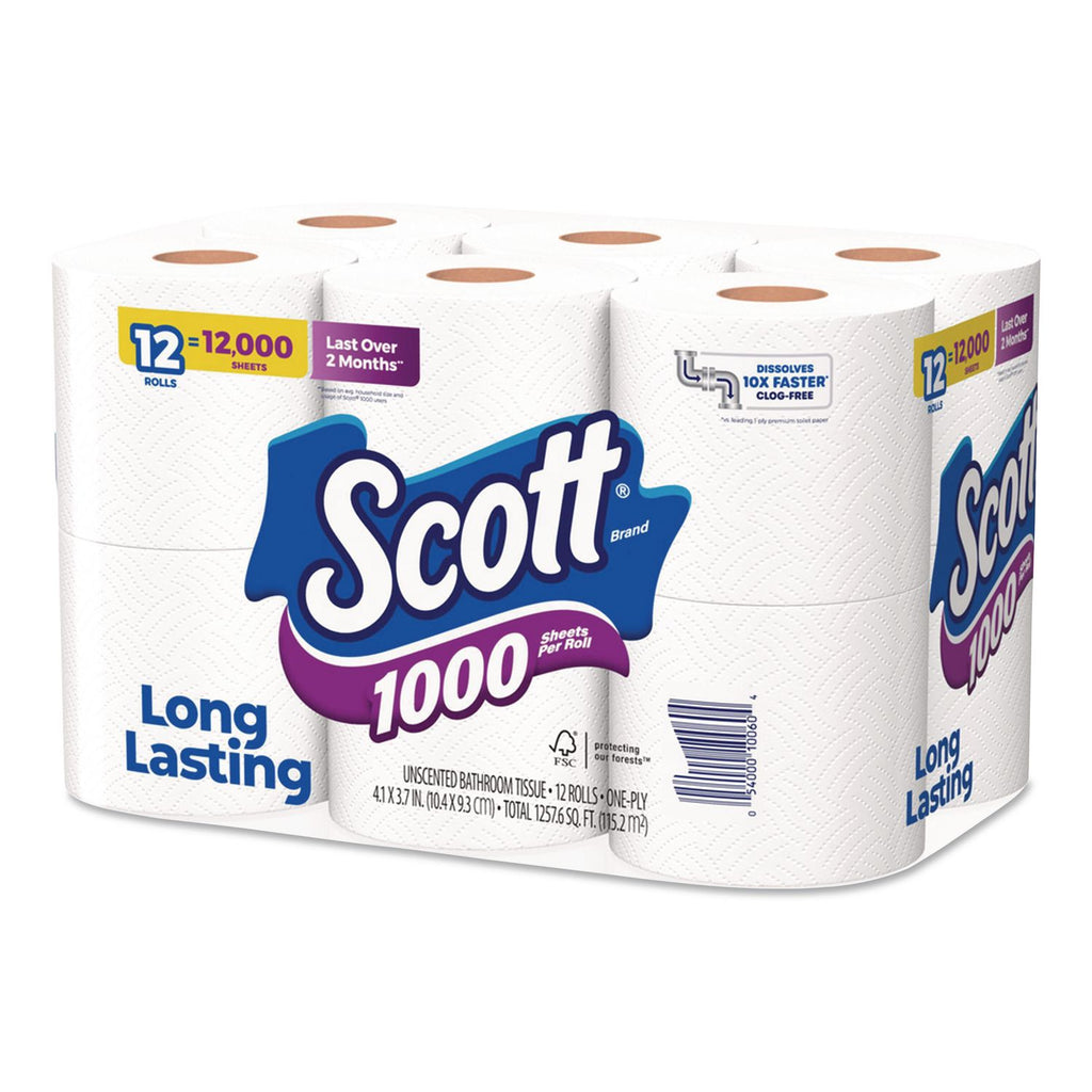 Toilet Paper, Septic Safe, 1-Ply, White, 1,000 Sheets/Roll, 12 Rolls/Pack, 4 Pack/Carton