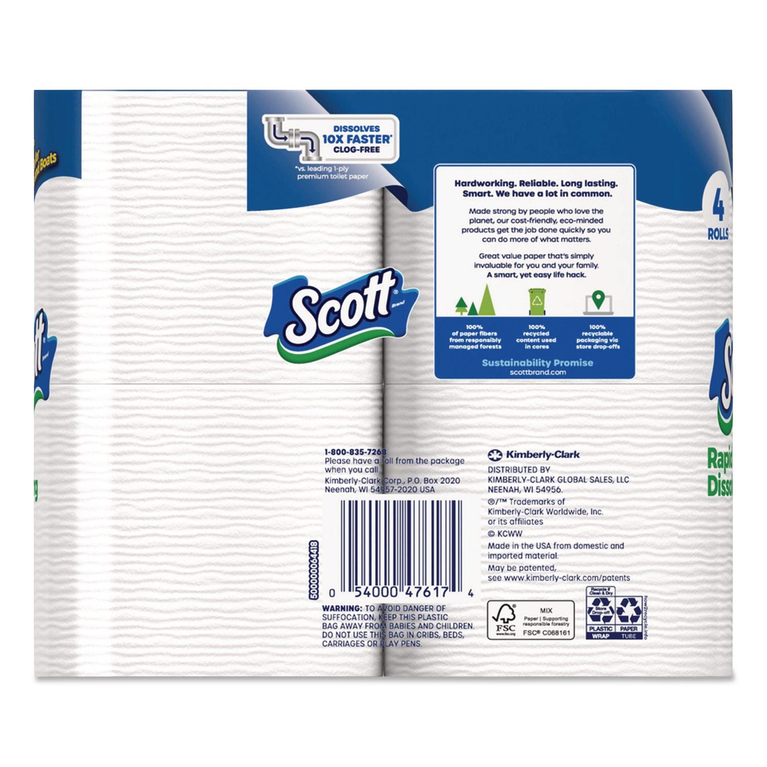 Rapid-Dissolving Toilet Paper, Bath Tissue, Septic Safe, 1-Ply, White, 231 Sheets/Roll, 4/Rolls/Pack, 12 Packs/Carton