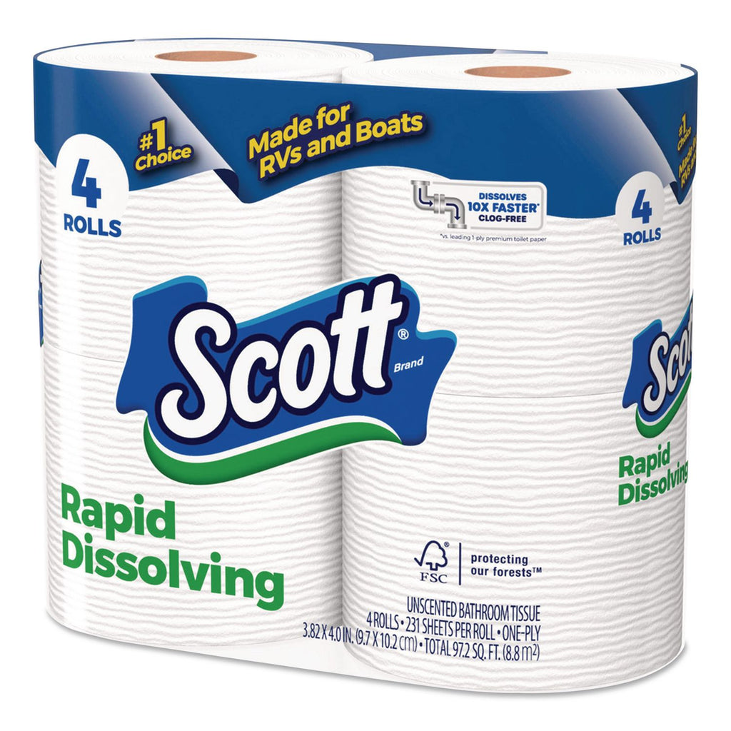 Rapid-Dissolving Toilet Paper, Bath Tissue, Septic Safe, 1-Ply, White, 231 Sheets/Roll, 4/Rolls/Pack, 12 Packs/Carton
