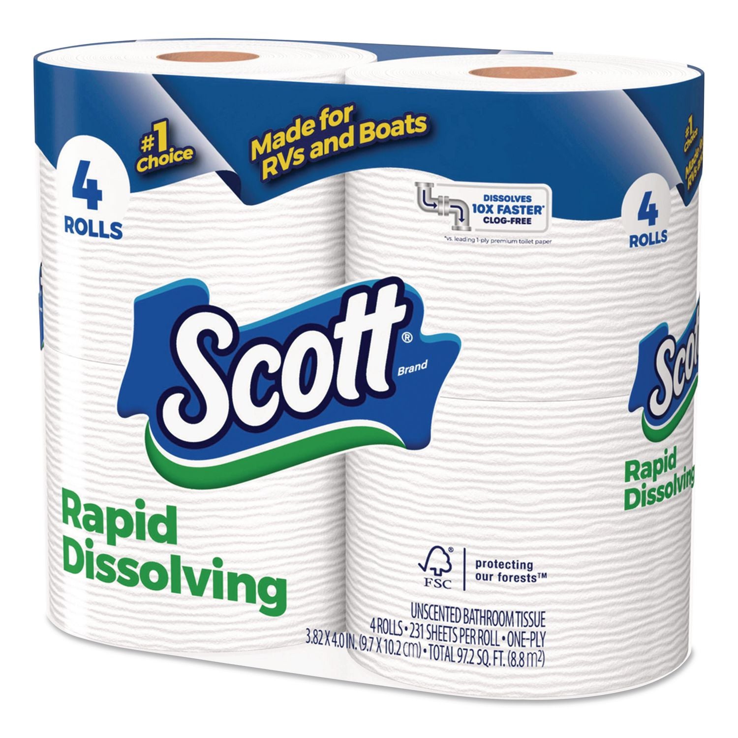 Rapid-Dissolving Toilet Paper, Bath Tissue, Septic Safe, 1-Ply, White, 231 Sheets/Roll, 4/Rolls/Pack, 12 Packs/Carton