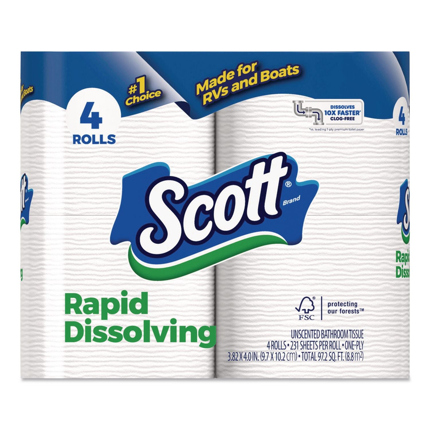 Rapid-Dissolving Toilet Paper, Bath Tissue, Septic Safe, 1-Ply, White, 231 Sheets/Roll, 4/Rolls/Pack, 12 Packs/Carton