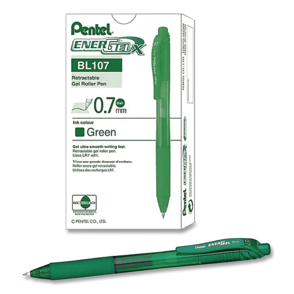 EnerGel-X Gel Pen, Retractable, Medium 0.7 mm, Green Ink, Translucent Green/Green Barrel, Dozen