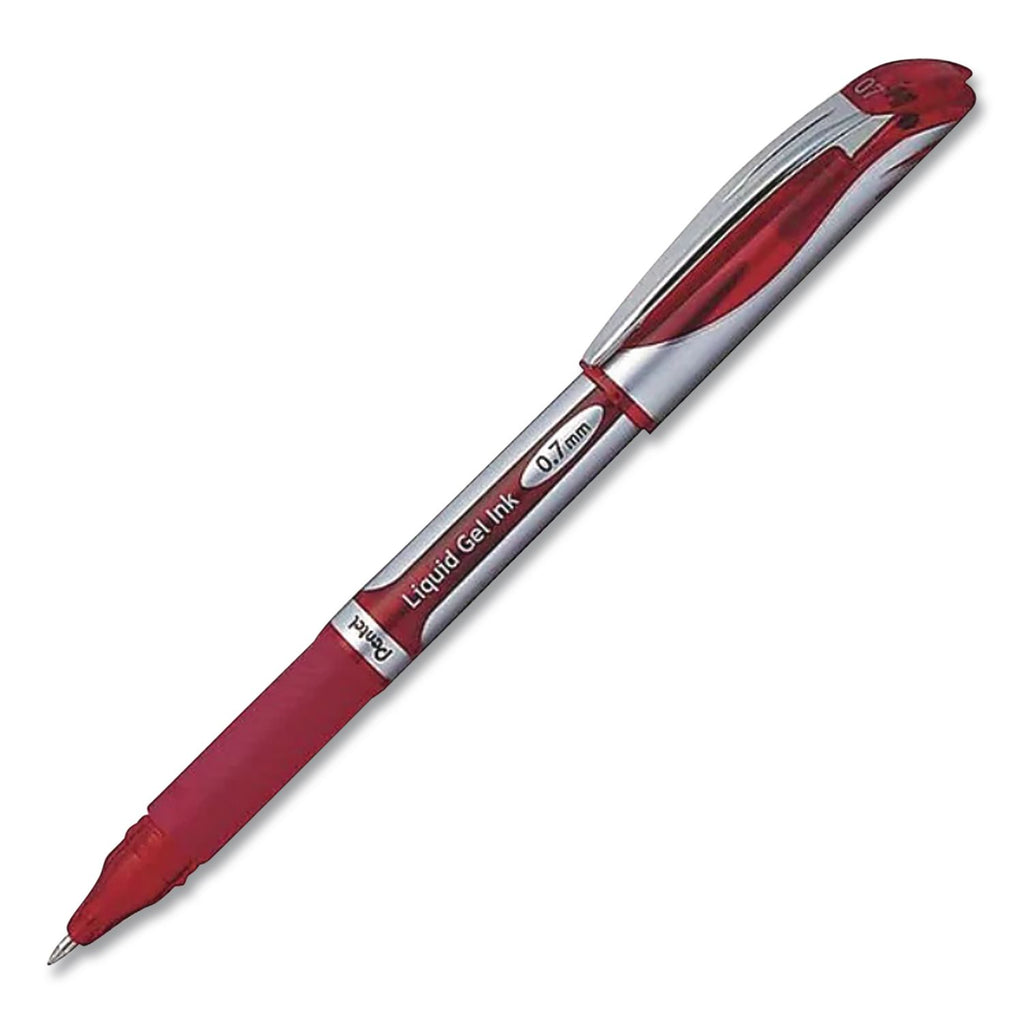 EnerGel Deluxe Gel Pen, Stick, Medium 0.7 mm, Red Ink, Silver/Red Barrel, Dozen