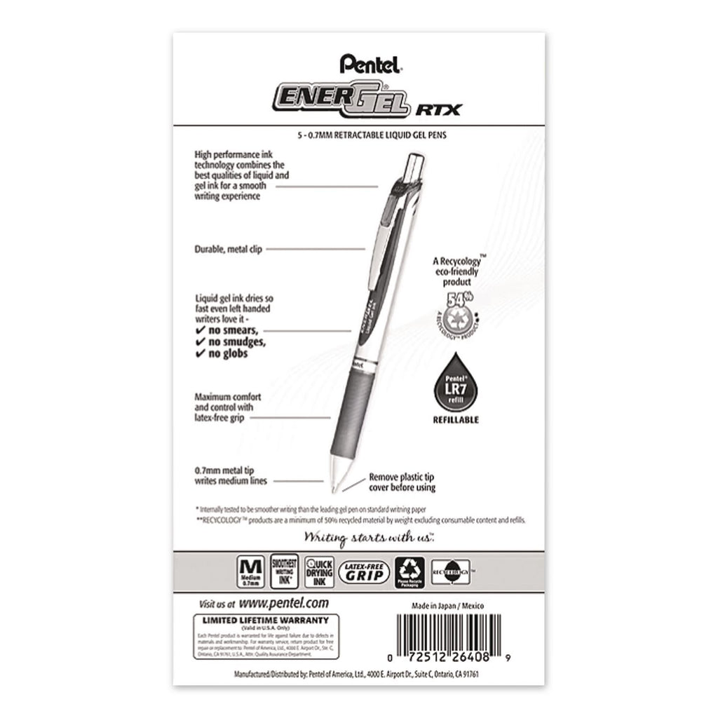 EnerGel RTX Gel Pen, Retractable, Medium 0.7 mm, Black Ink, Gray/Black Barrel, 5/Pack