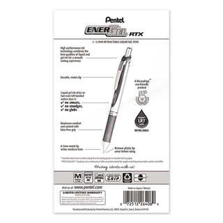 EnerGel RTX Gel Pen, Retractable, Medium 0.7 mm, Black Ink, Gray/Black Barrel, 5/Pack