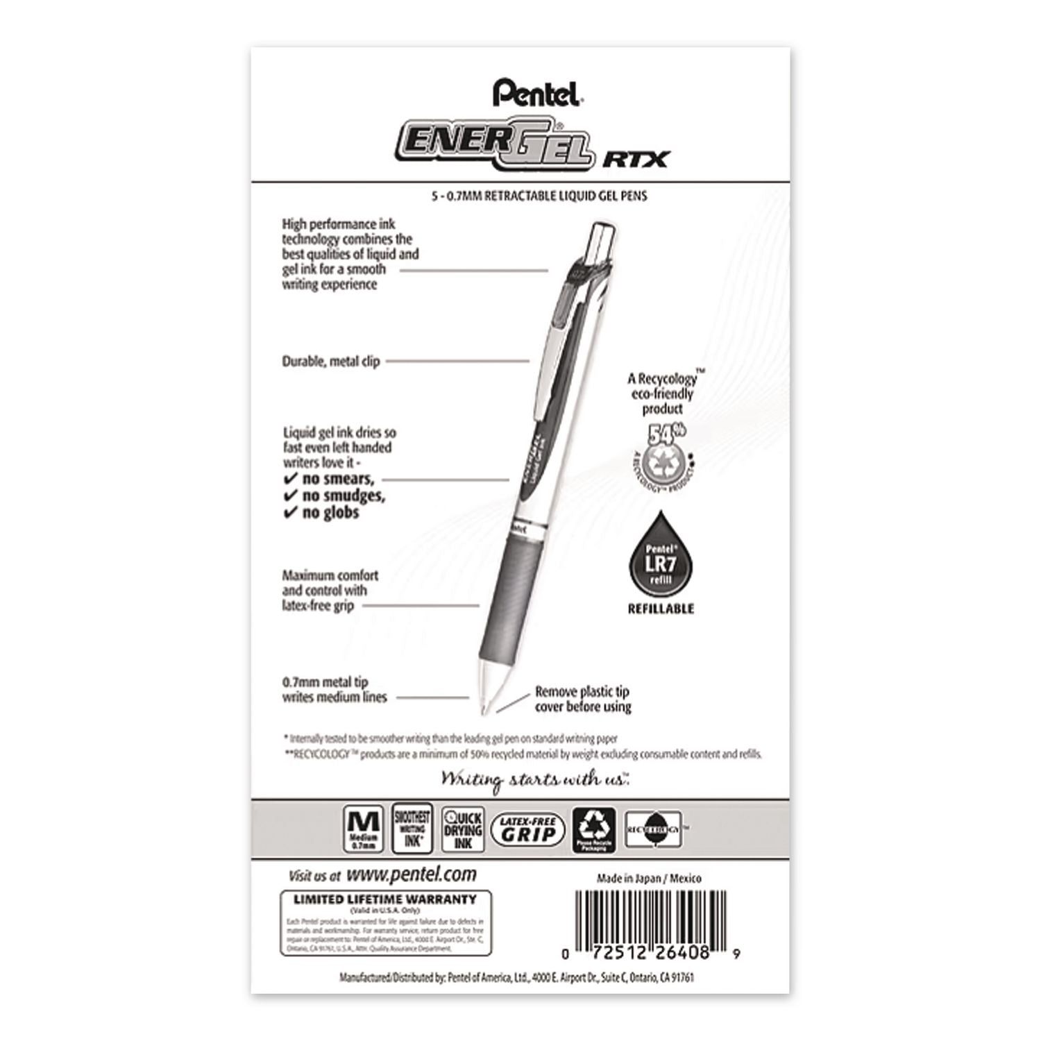 EnerGel RTX Gel Pen, Retractable, Medium 0.7 mm, Black Ink, Gray/Black Barrel, 5/Pack