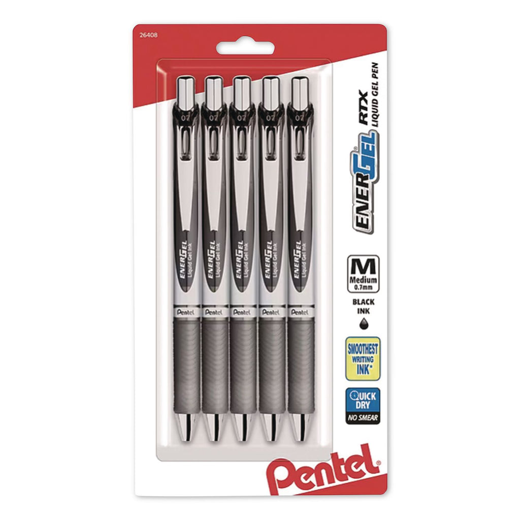EnerGel RTX Gel Pen, Retractable, Medium 0.7 mm, Black Ink, Gray/Black Barrel, 5/Pack