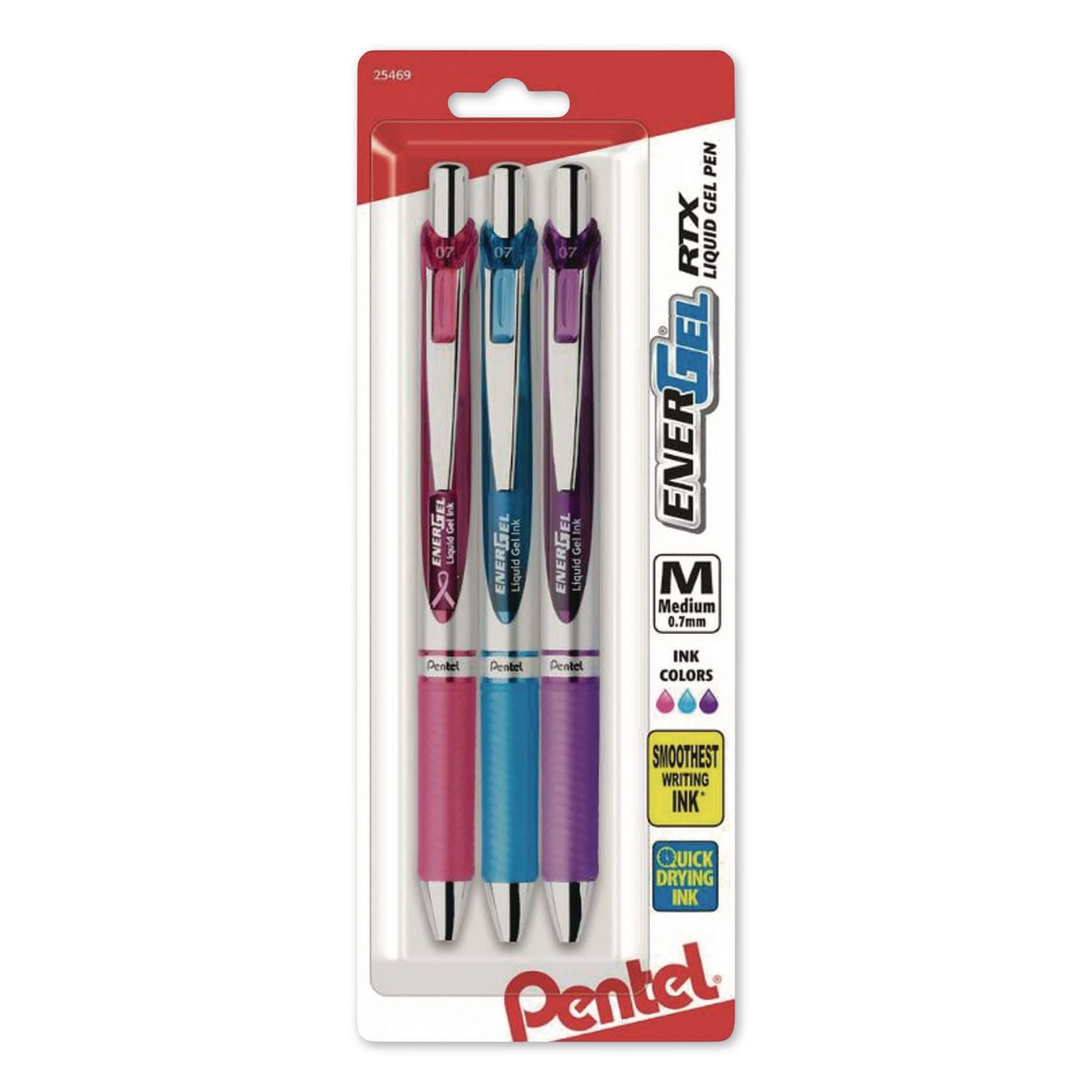 EnerGel RTX Gel Pen, Retractable, Medium 0.7 mm, Three Assorted Ink and Barrel Colors, 3/Pack
