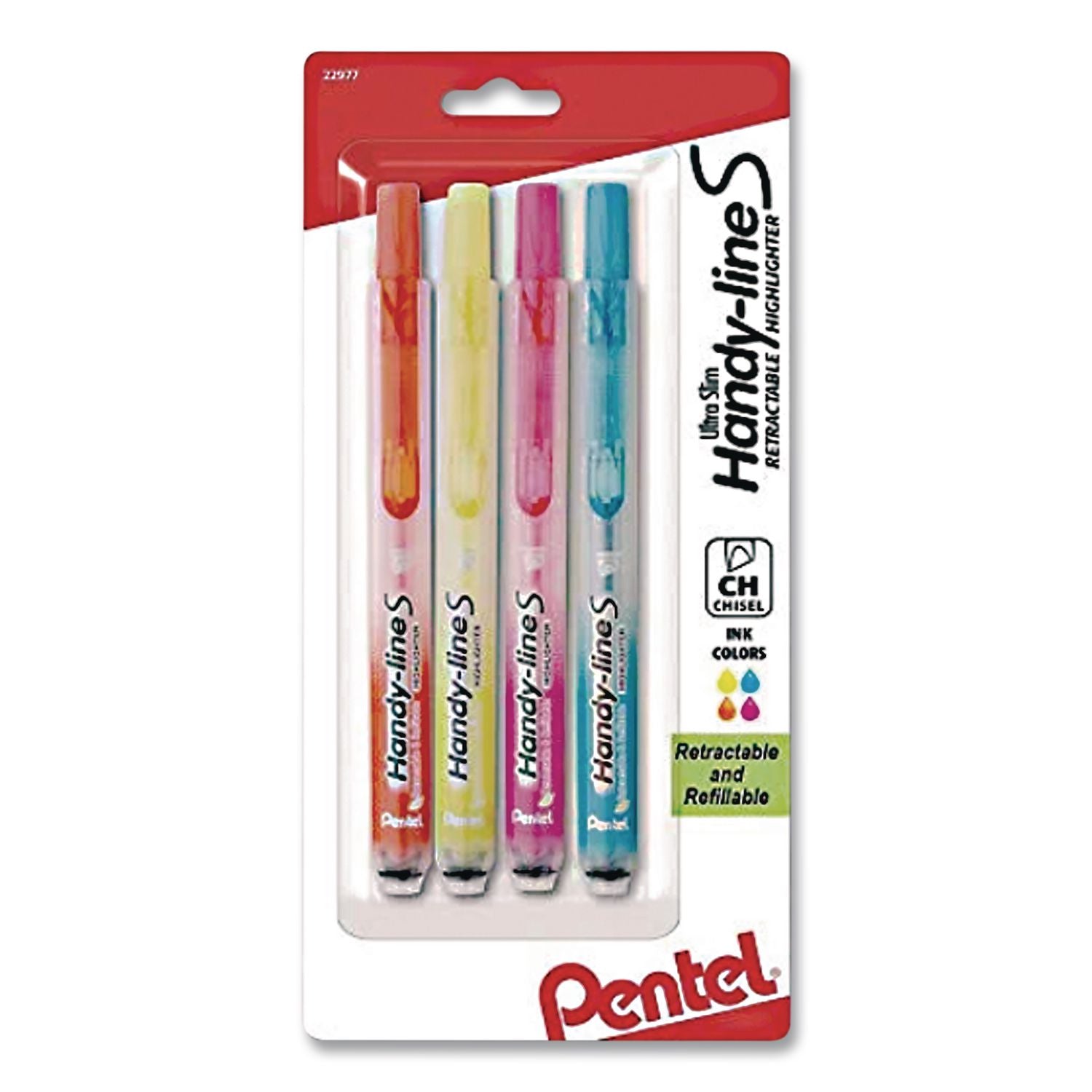 Ultra-Slim Handy-line S Retractable/Refillable Highlighters, Assorted Ink Colors, Chisel Tip, Assorted Barrel Colors, 4/PK