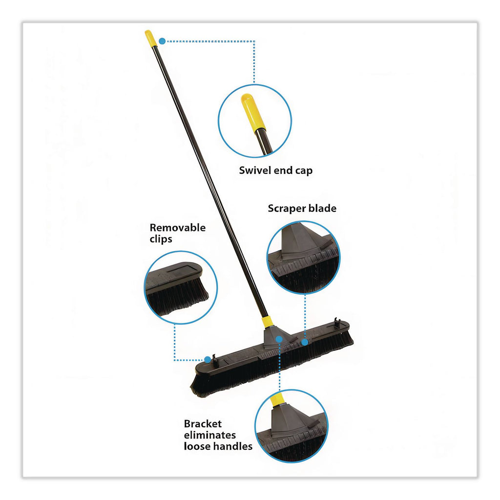 Bulldozer Smooth Surface Pushbroom with Scraper Block, 24 x 60, Powder Coated Handle, Tampico Bristles, Black/Yellow