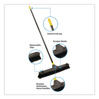 Bulldozer Smooth Surface Pushbroom with Scraper Block, 24 x 60, Powder Coated Handle, Tampico Bristles, Black/Yellow