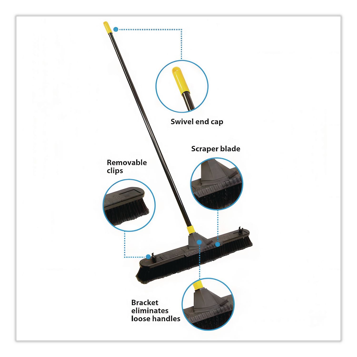 Bulldozer Smooth Surface Pushbroom with Scraper Block, 24 x 60, Powder Coated Handle, Tampico Bristles, Black/Yellow