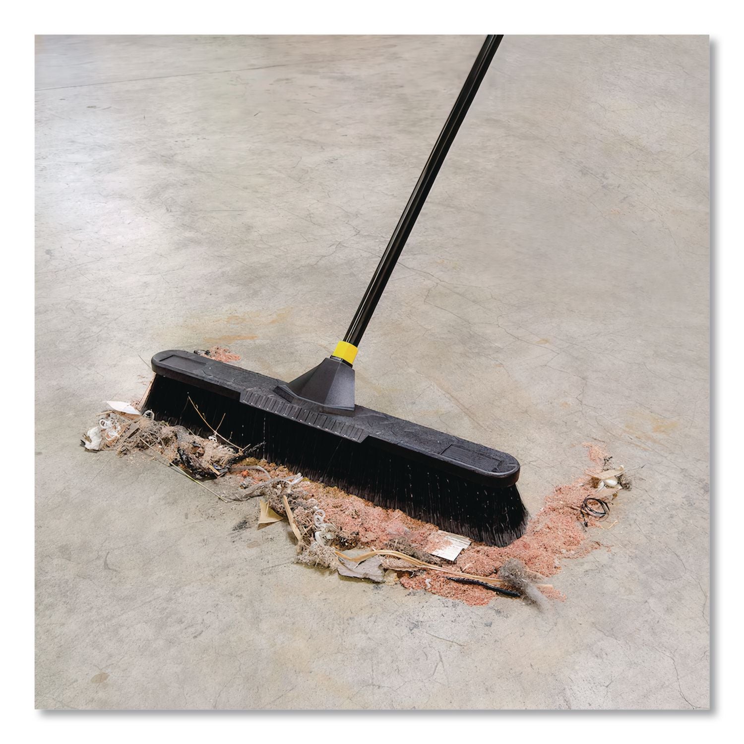 Bulldozer Smooth Surface Pushbroom with Scraper Block, 24 x 60, Powder Coated Handle, Tampico Bristles, Black/Yellow