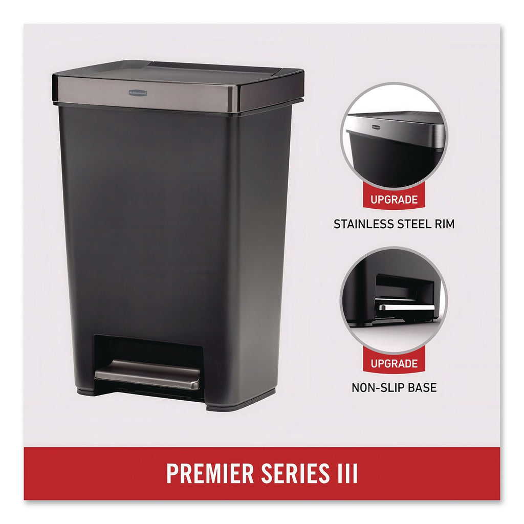 Premier Series III Step-On Waste Container, 12.4 gal, Plastic, Black/Stainless Steel