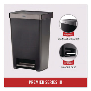 Premier Series III Step-On Waste Container, 12.4 gal, Plastic, Black/Stainless Steel