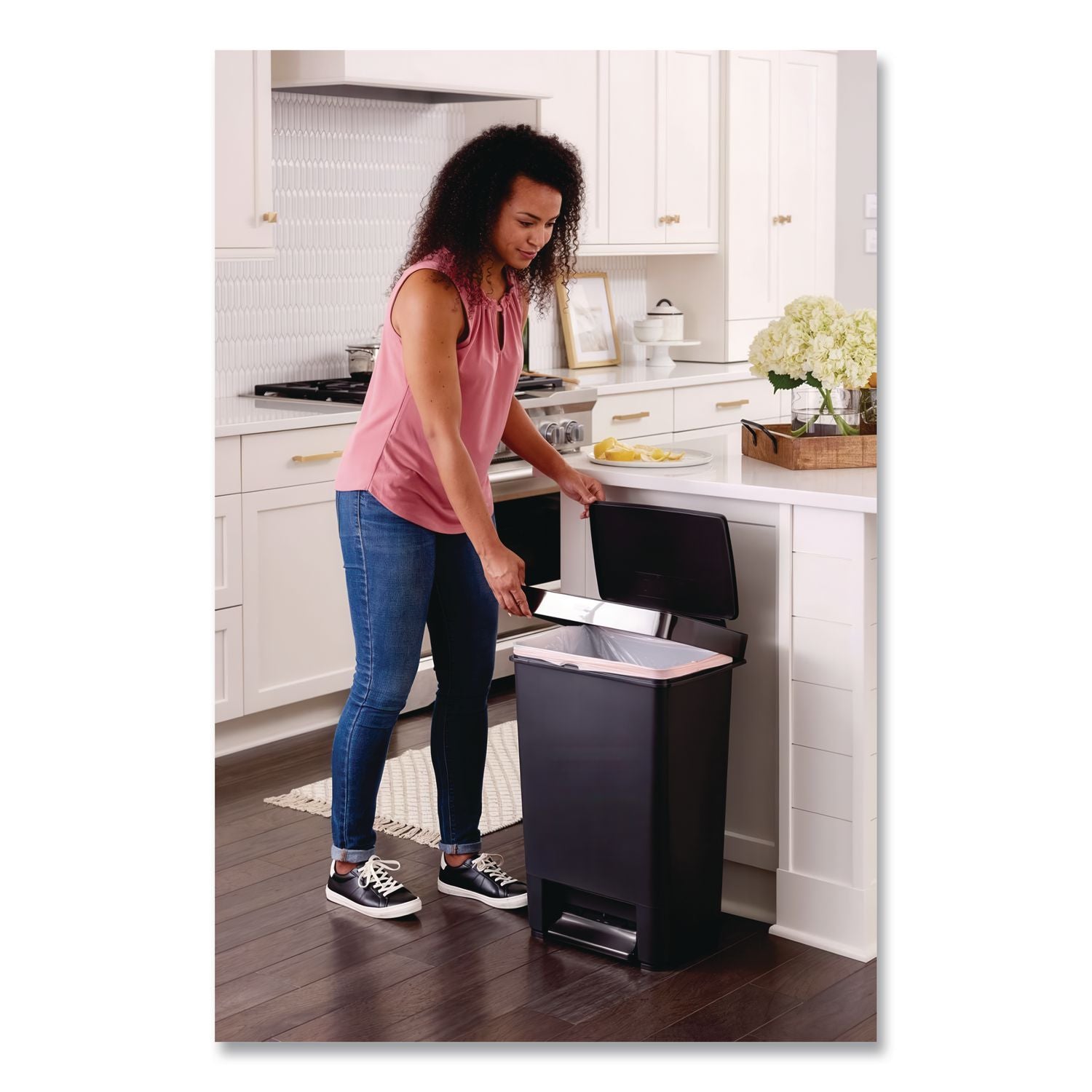 Premier Series III Step-On Waste Container, 12.4 gal, Plastic, Black/Stainless Steel