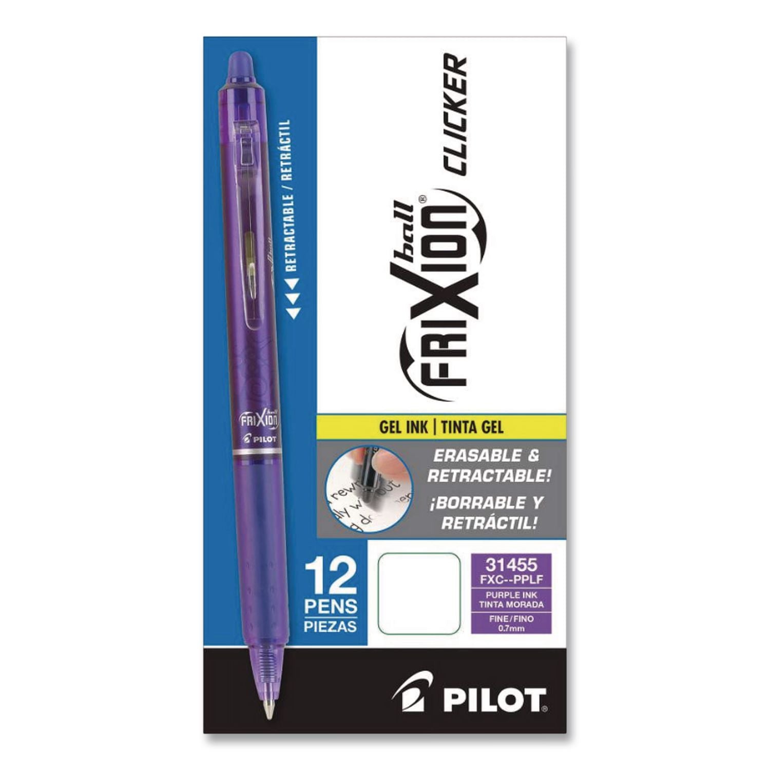 FriXion Clicker Erasable Gel Pen, Retractable, Fine 0.7 mm, Purple Ink, Purple Barrel, Dozen