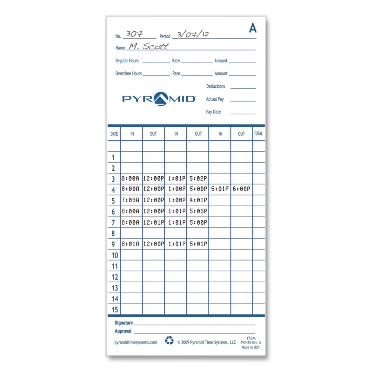 Time Clock Cards for Pyramid Technologies 2000/6000, Two Sides, 3.38 x 7.44, 100/Pack