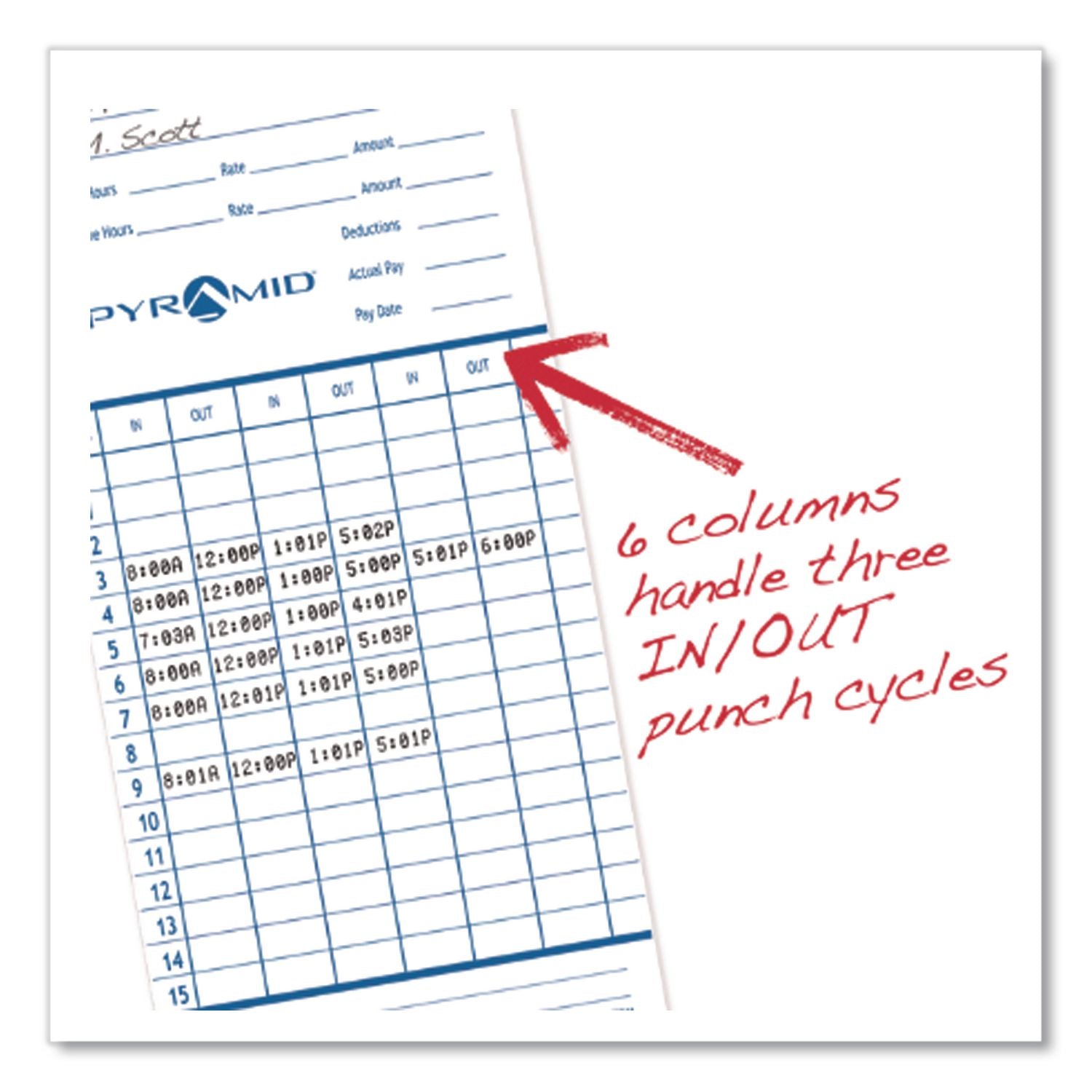Time Clock Cards for Pyramid Technologies 2000/6000, Two Sides, 3.38 x 7.44, 100/Pack