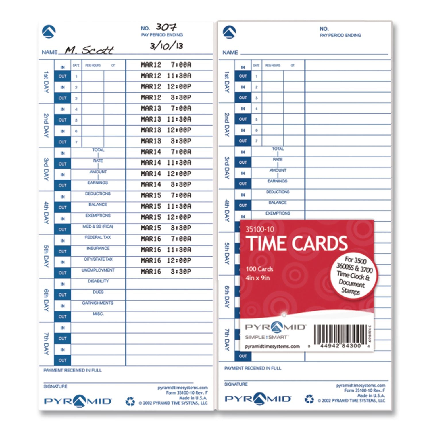 Time Clock Cards for Pyramid Technologies 3000, One Side, 4 x 9, 100/Pack